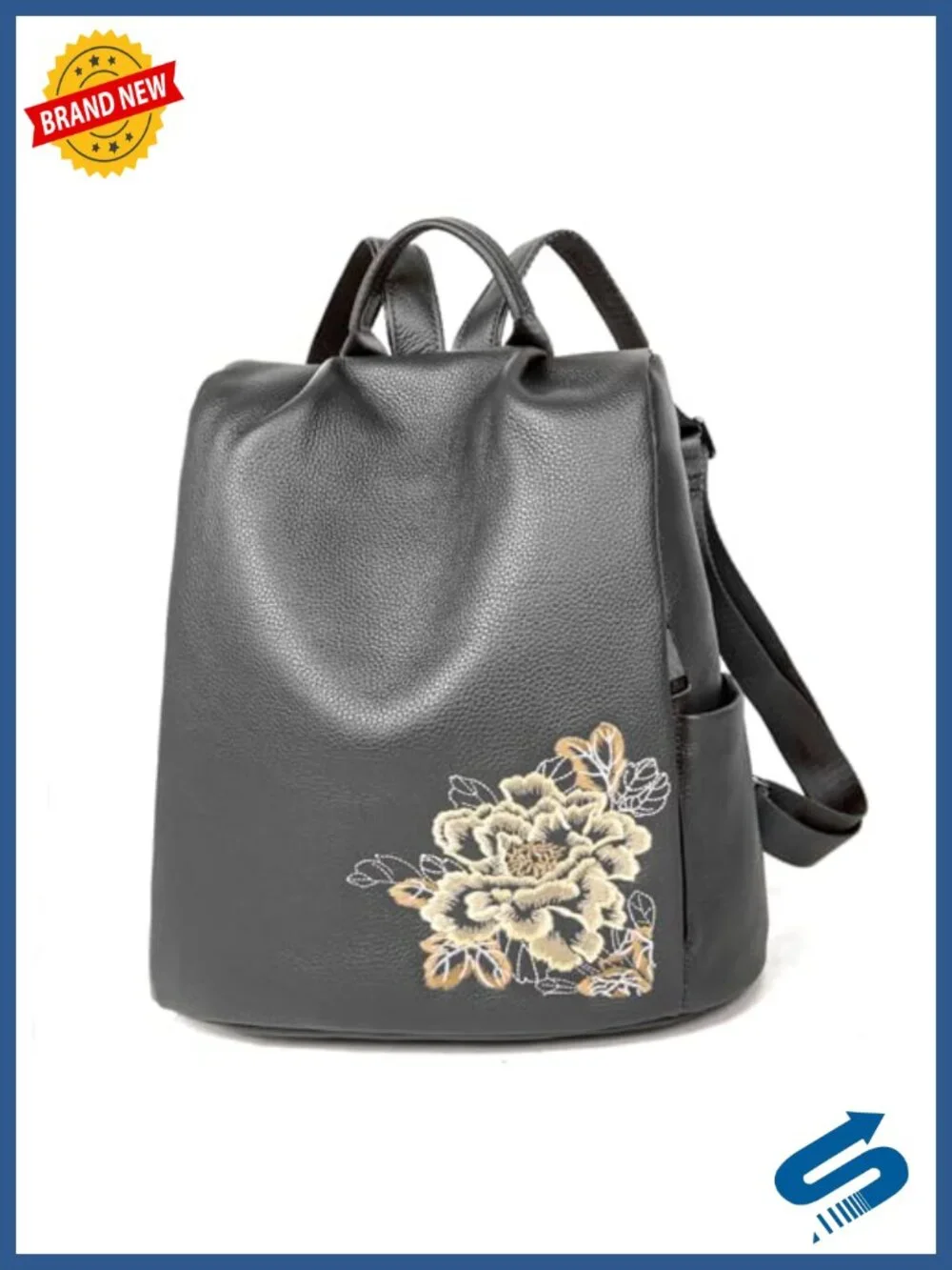 Genuine Leather Floral Embroidered Backpack Women Anti-Theft Travel